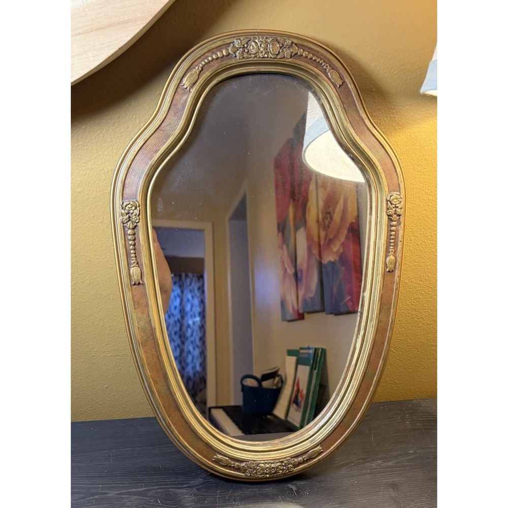 Vintage Oval Mirror Gilt Accent Bevelled Wooden Frame 17" X 11"